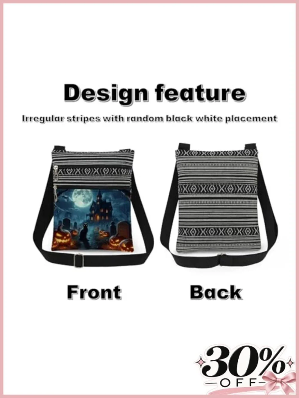 Halloween Crossbody Bag Black Cat Haunted Mansion Graveyard Full Moon Bats